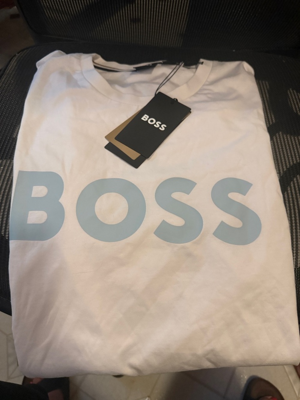 Boss White Short-Sleeve Tee with Pale Blue Logo